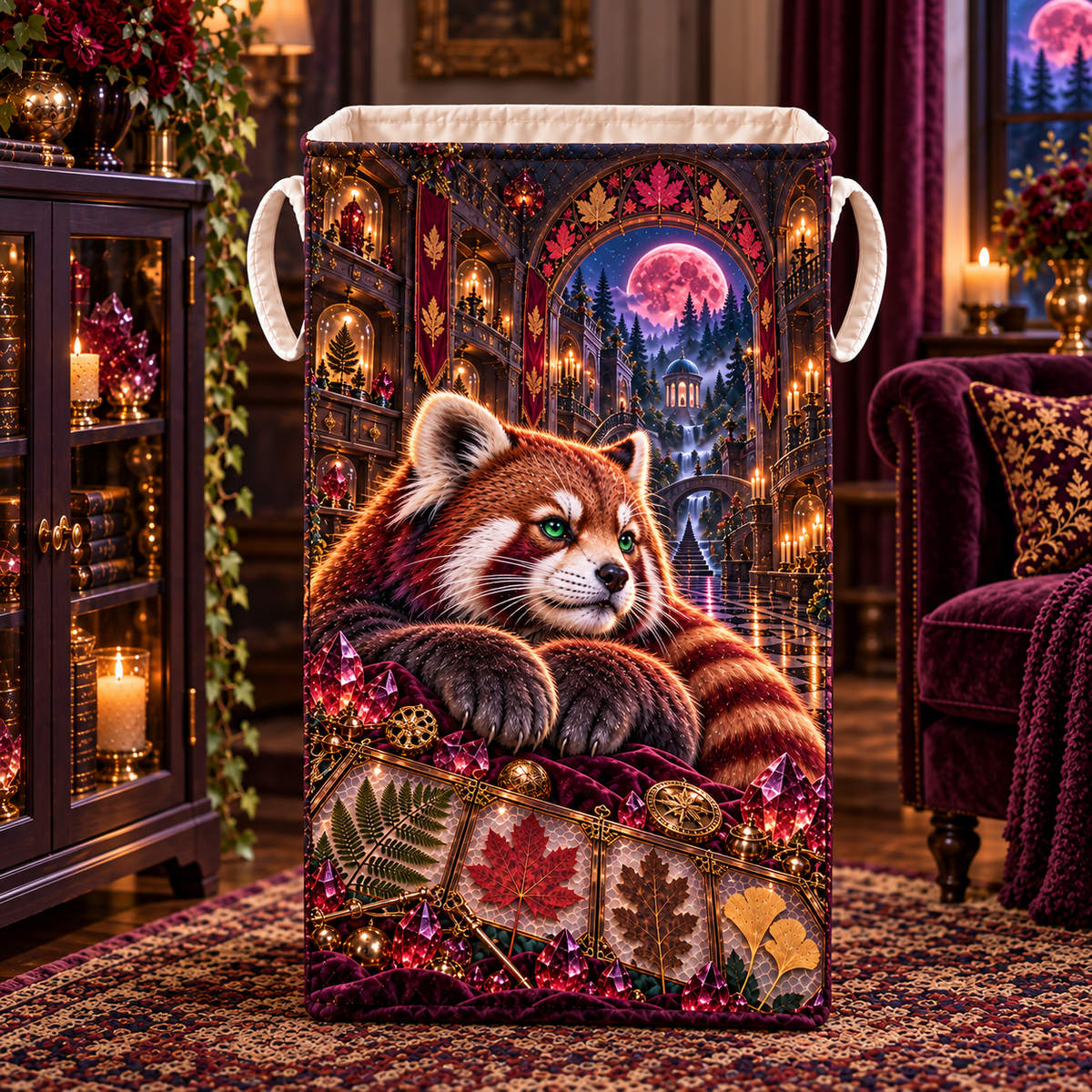 Ruby Red Panda Leaf Treasury Laundry Hamper with printed optical 3D artwork in its use setting