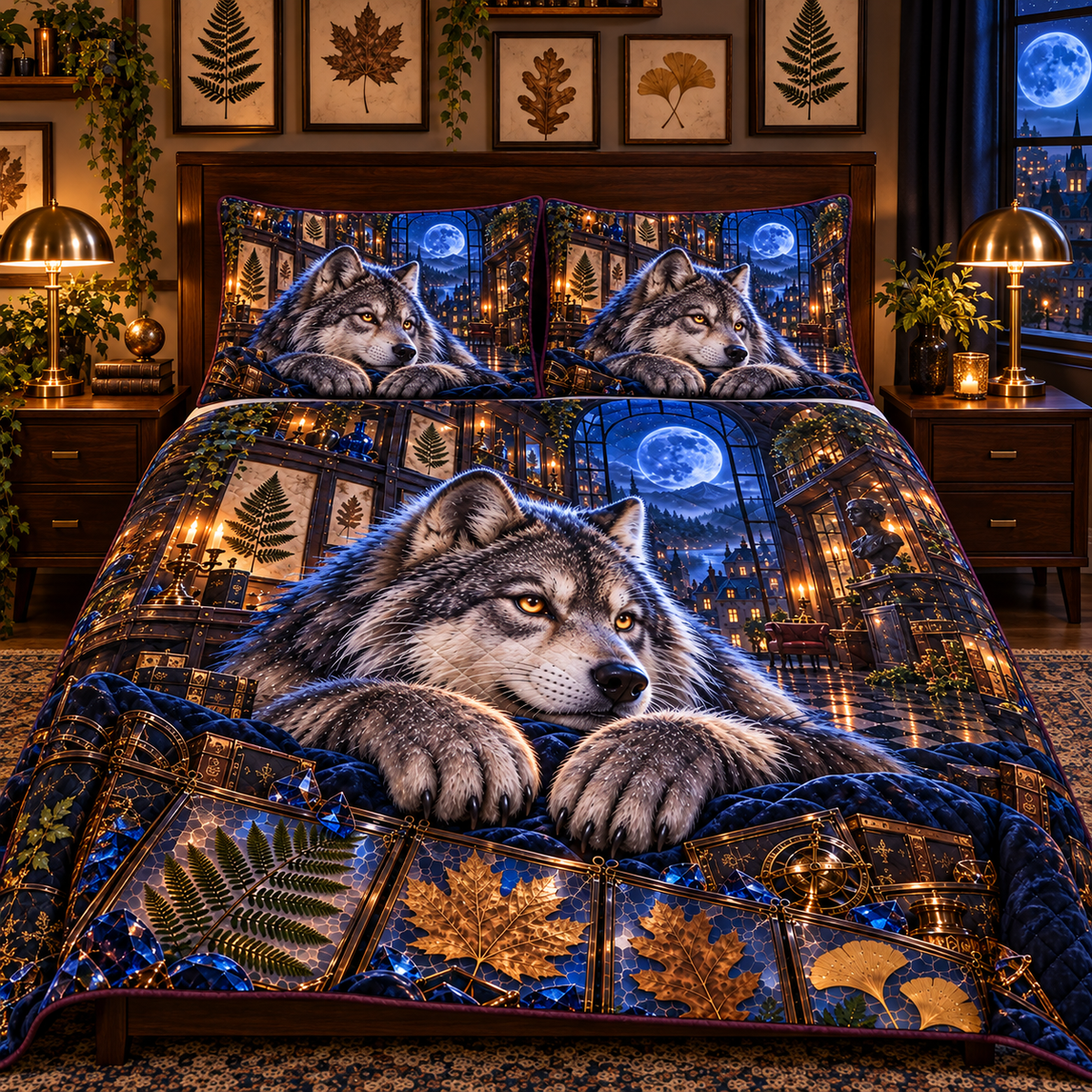 Cobalt Wolf Leaf Gallery Quilted Bedding Set with printed optical 3D artwork in its use setting