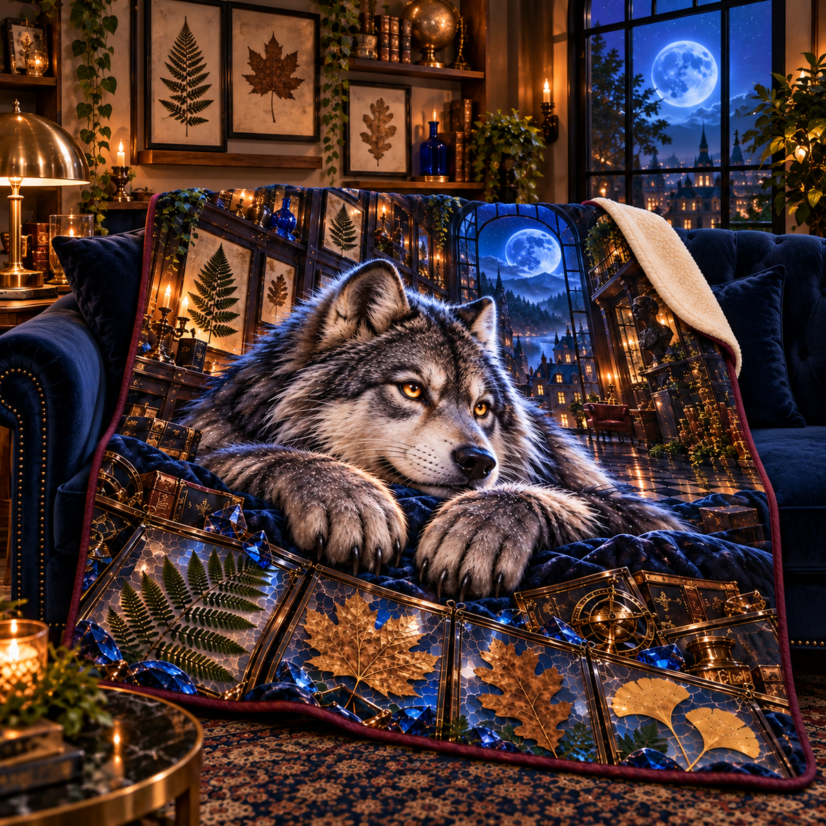 Cobalt Wolf Leaf Gallery Sherpa & Fleece Blanket with printed optical 3D artwork in its use setting