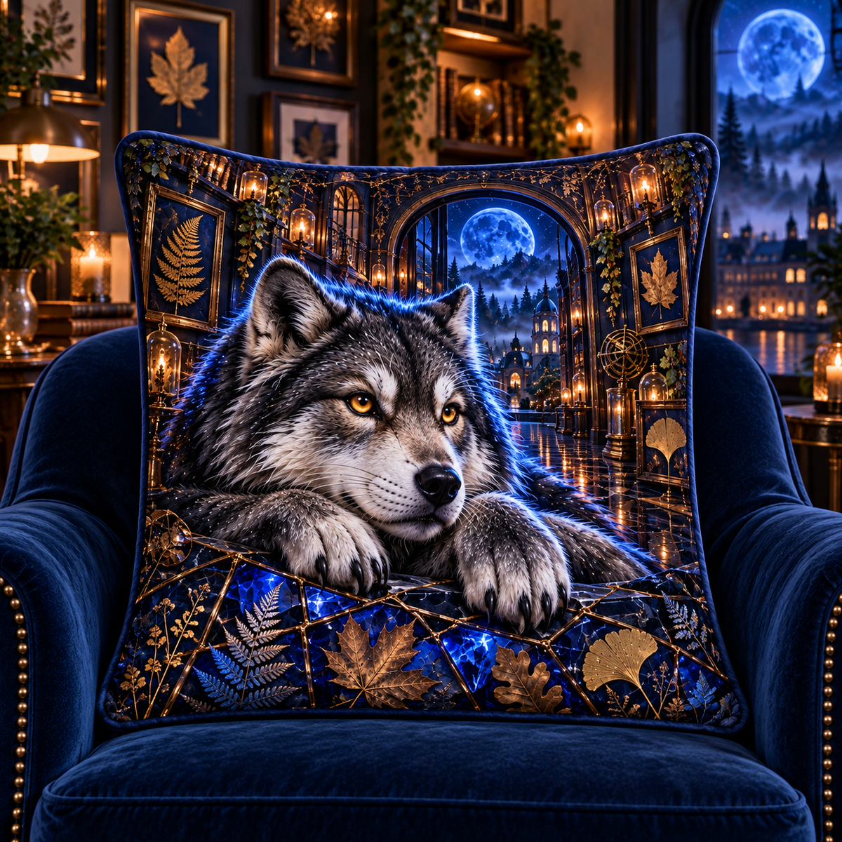 Cobalt Wolf Leaf Gallery Quilted Cushion Cover with printed optical 3D artwork in its use setting