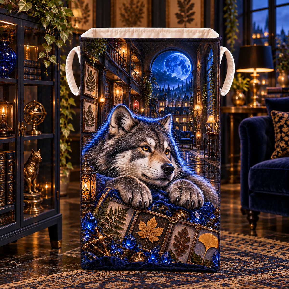 Cobalt Wolf Leaf Gallery Laundry Hamper with printed optical 3D artwork in its use setting