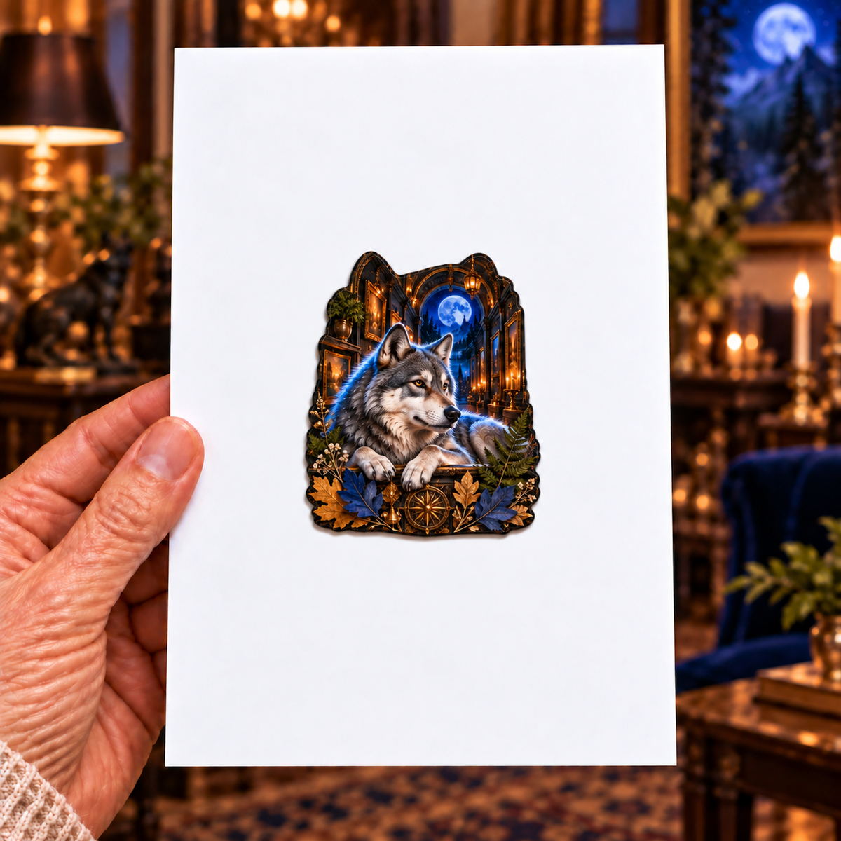 Cobalt Wolf Leaf Gallery Acrylic Refrigerator Magnet with printed optical 3D artwork in its use setting