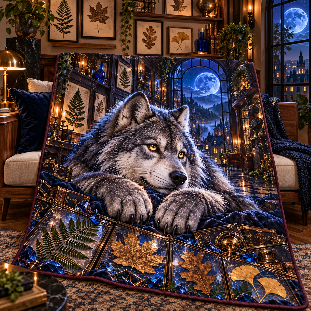 Cobalt Wolf Leaf Gallery Quilt Blanket with printed optical 3D artwork in its use setting