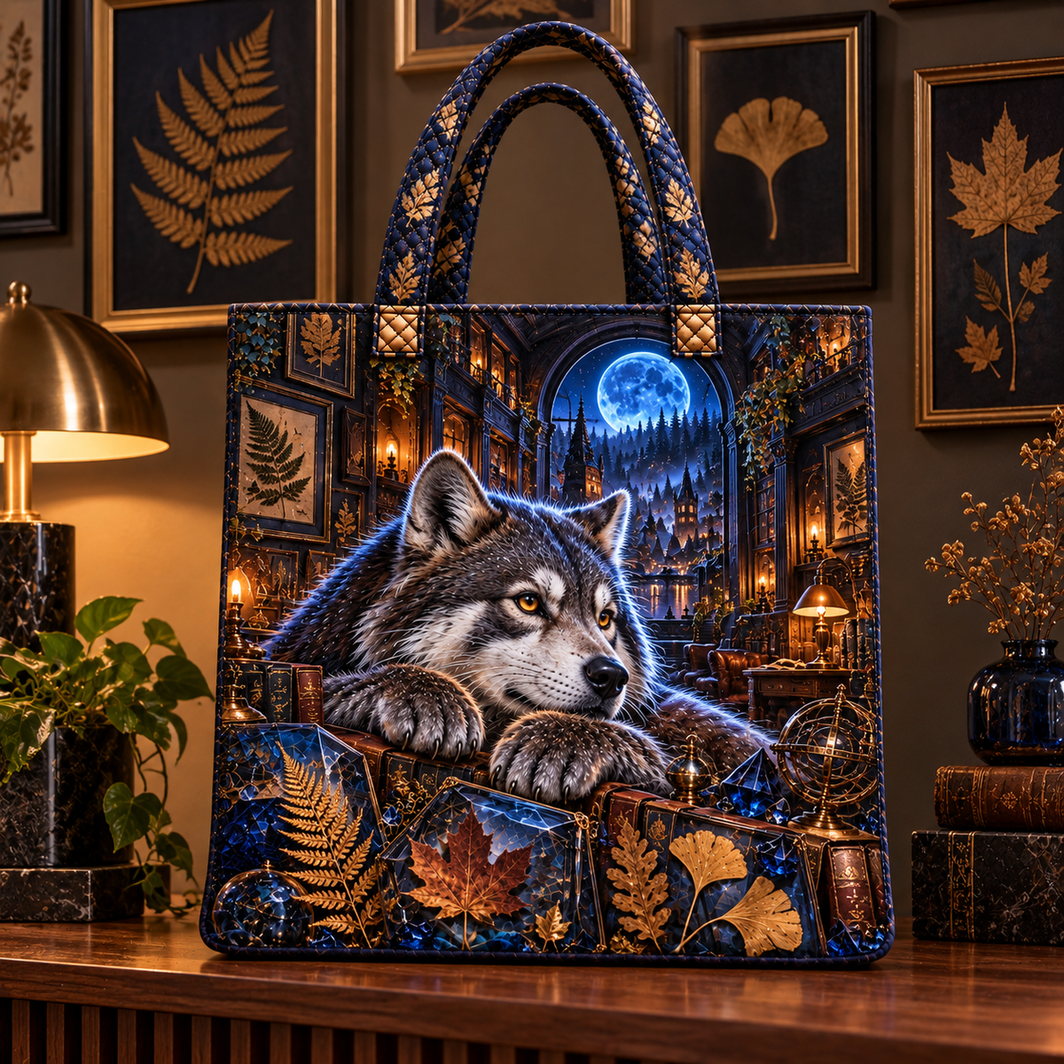 Cobalt Wolf Leaf Gallery Quilted Tote Bag with printed optical 3D artwork in its use setting