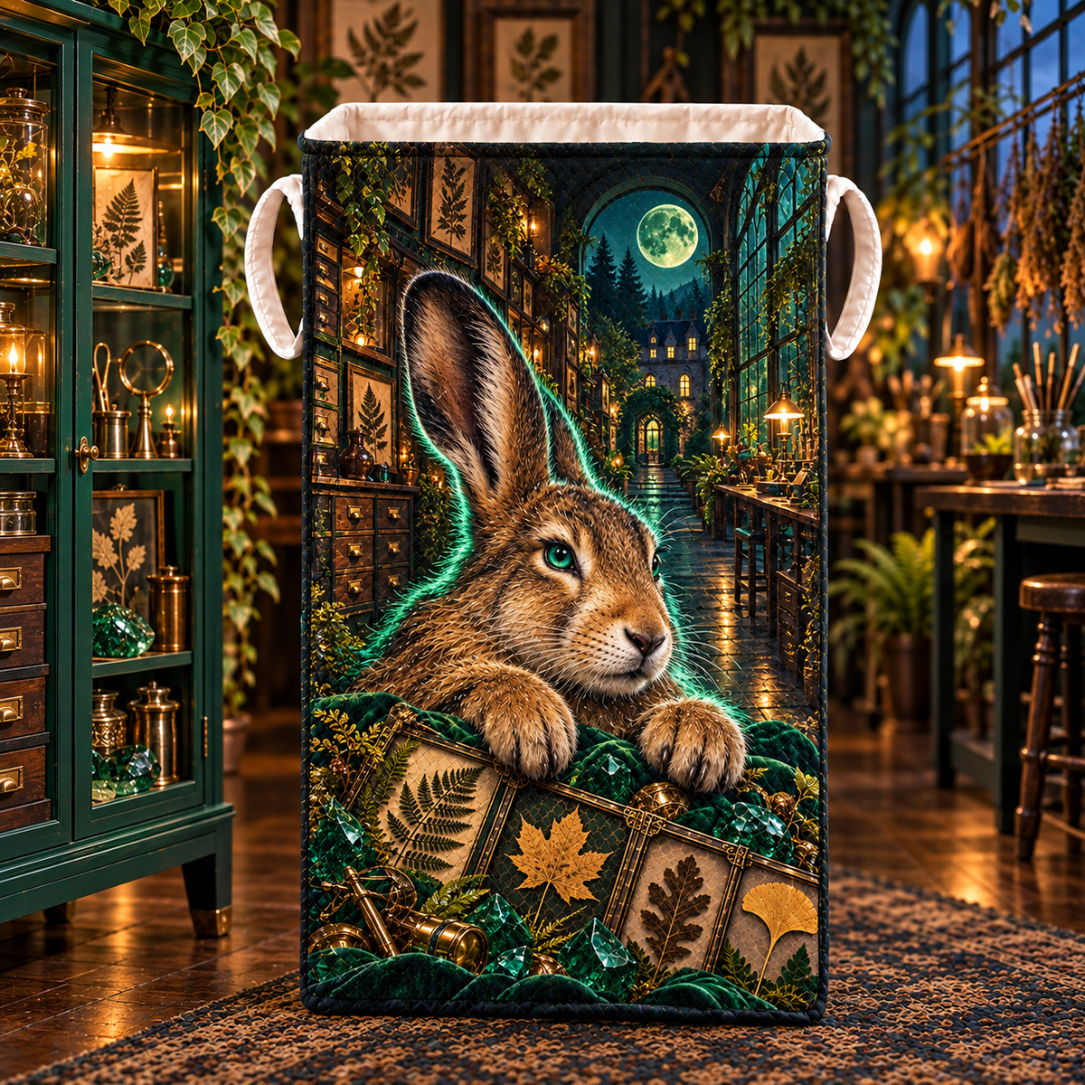 Golden Hare Leaf Atelier Laundry Hamper with printed optical 3D artwork in its use setting