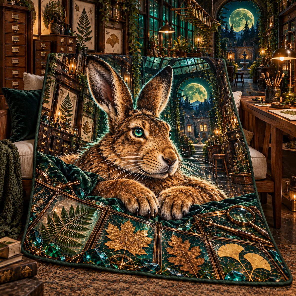 Golden Hare Leaf Atelier Quilt Blanket with printed optical 3D artwork in its use setting