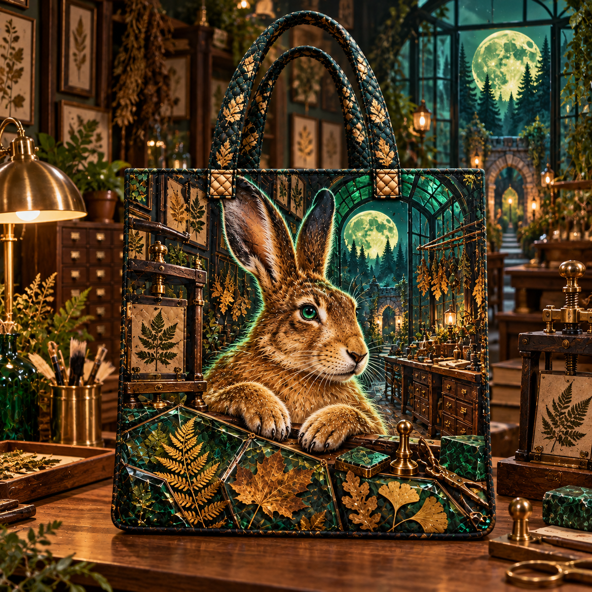 Golden Hare Leaf Atelier Quilted Tote Bag with printed optical 3D artwork in its use setting