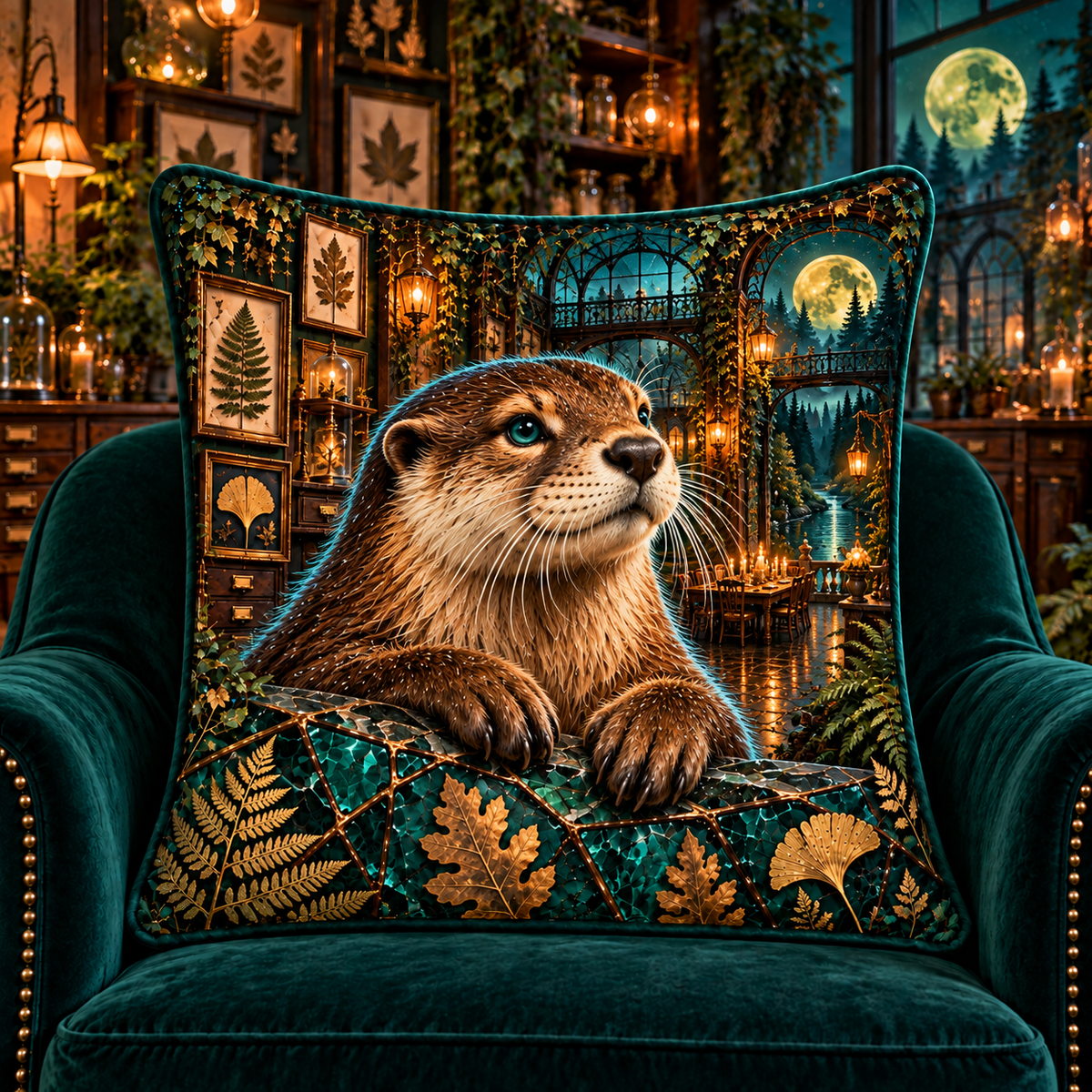 Amber Otter Leaf Conservatory Quilted Cushion Cover with printed optical 3D artwork in its use setting