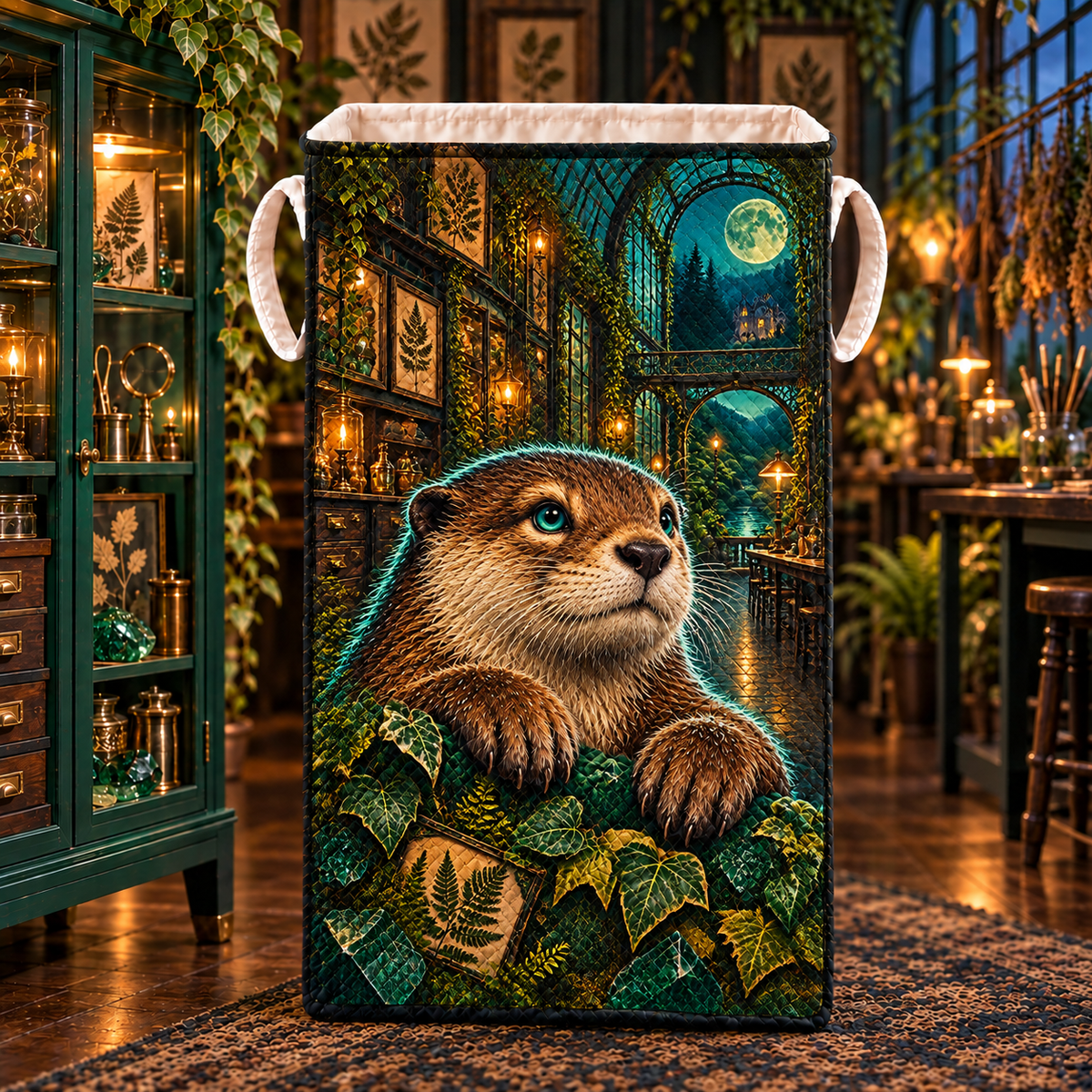 Amber Otter Leaf Conservatory Laundry Hamper with printed optical 3D artwork in its use setting
