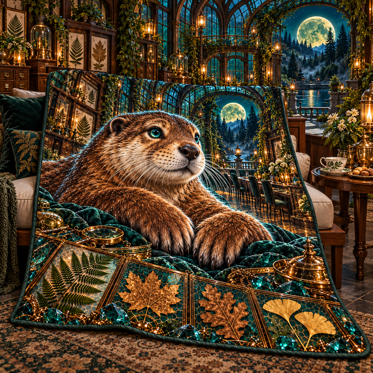 Amber Otter Leaf Conservatory Quilt Blanket with printed optical 3D artwork in its use setting
