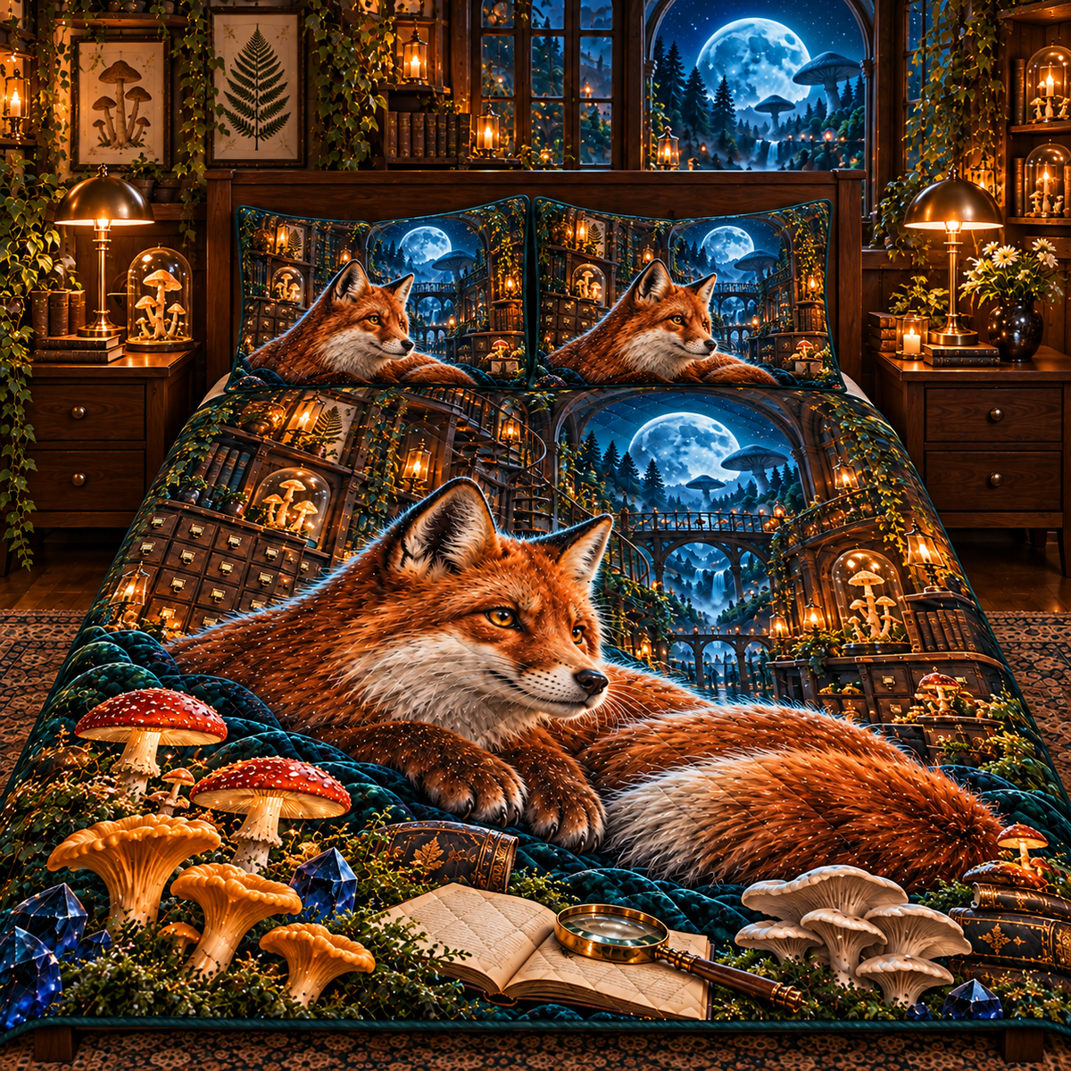 Moonlit Fox Mycology Library Quilted Bedding Set with printed optical 3D artwork in its use setting