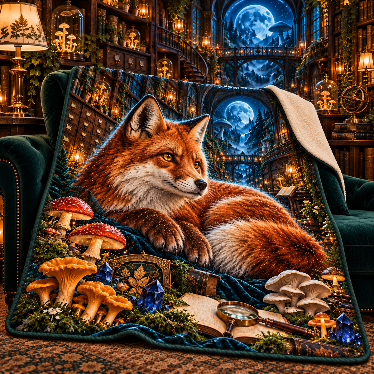 Moonlit Fox Mycology Library Sherpa & Fleece Blanket with printed optical 3D artwork in its use setting