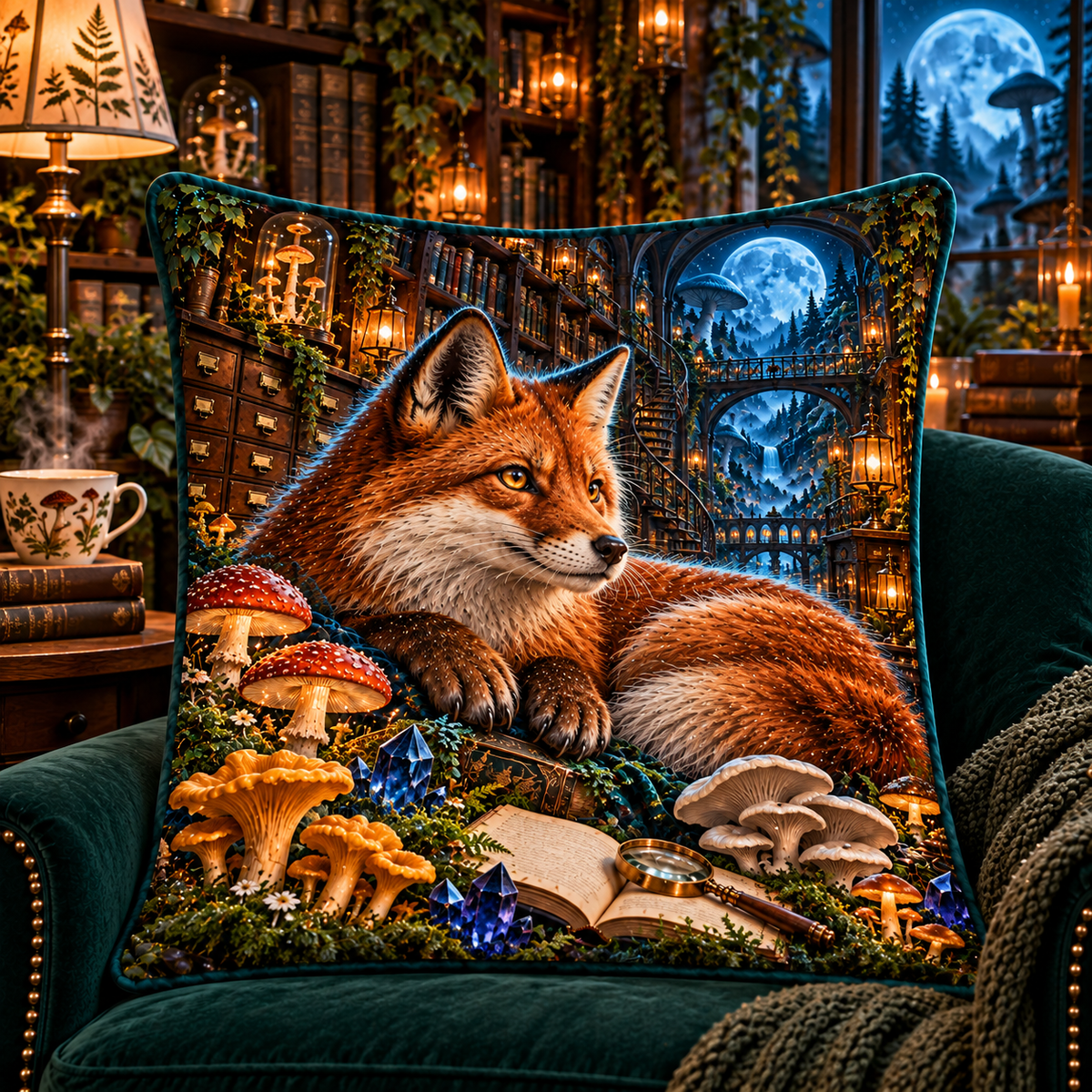 Moonlit Fox Mycology Library Quilted Cushion Cover with printed optical 3D artwork in its use setting