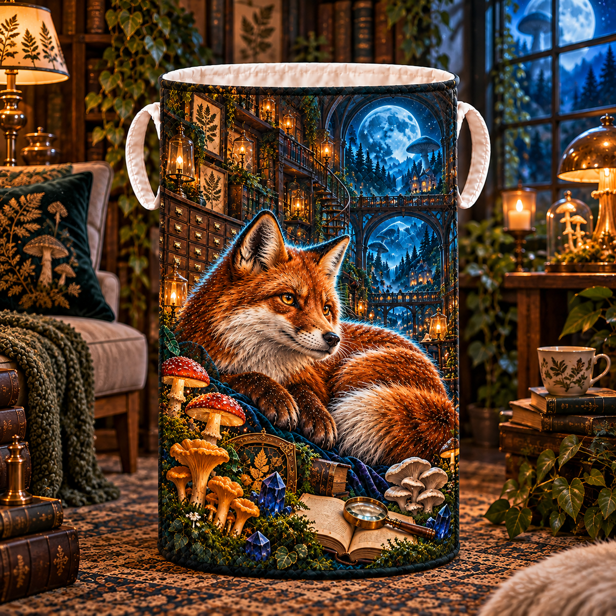 Moonlit Fox Mycology Library Laundry Hamper with printed optical 3D artwork in its use setting
