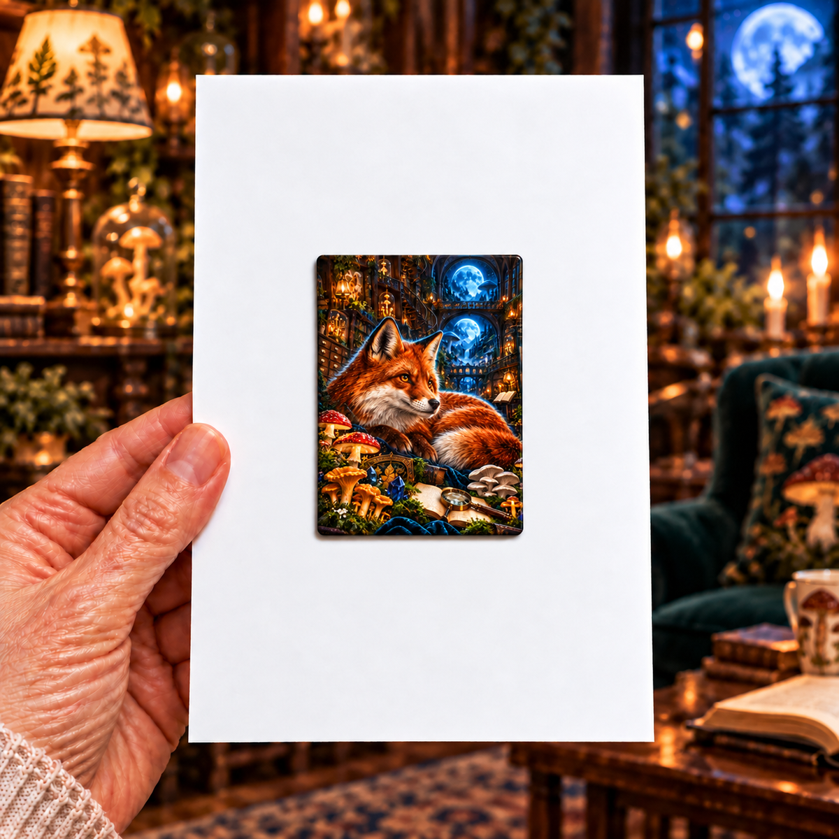 Moonlit Fox Mycology Library Acrylic Refrigerator Magnet with printed optical 3D artwork in its use setting