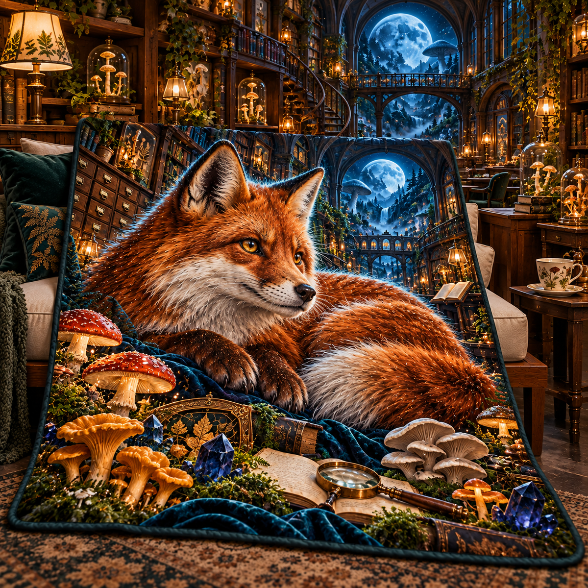 Moonlit Fox Mycology Library Quilt Blanket with printed optical 3D artwork in its use setting