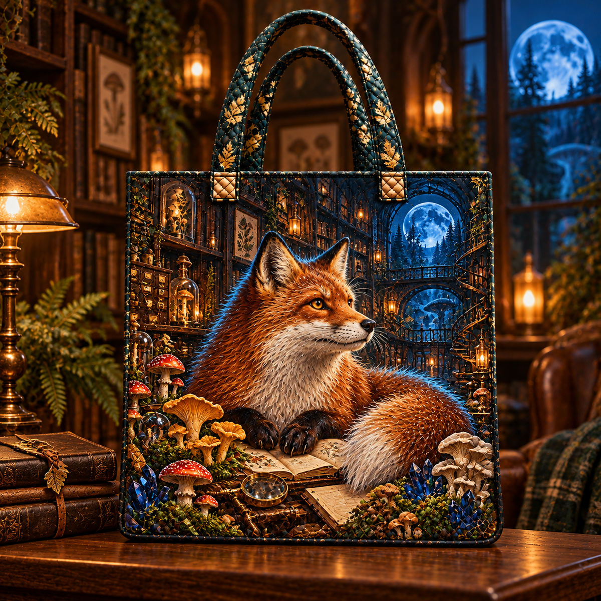 Moonlit Fox Mycology Library Quilted Tote Bag with printed optical 3D artwork in its use setting