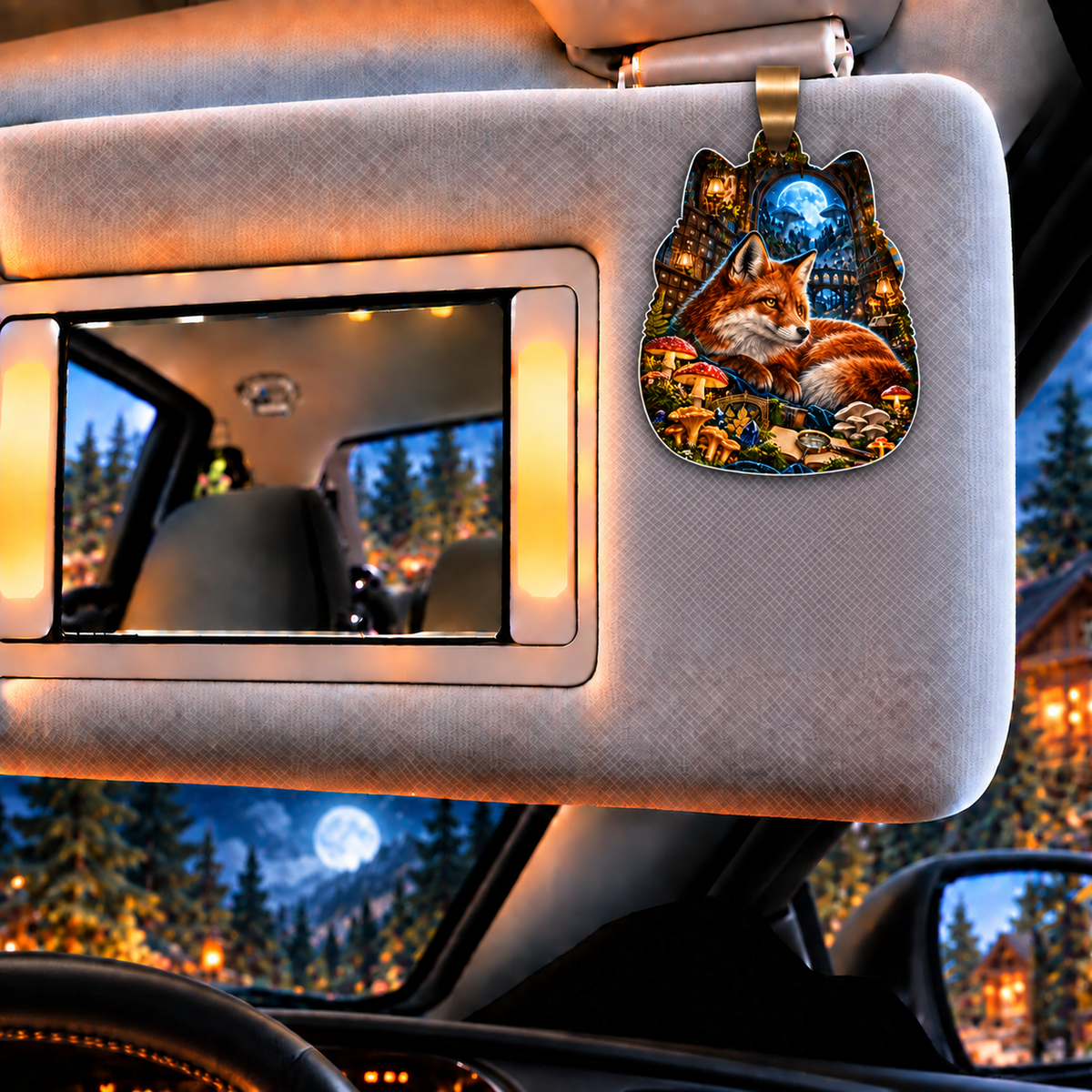 Moonlit Fox Mycology Library Holographic Car Visor Clip with printed optical 3D artwork in its use setting