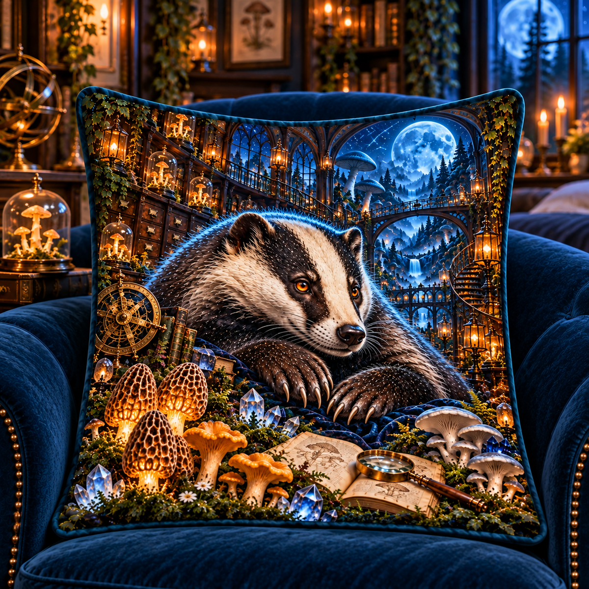 Starlit Badger Observatory Quilted Cushion Cover with printed optical 3D artwork in its use setting