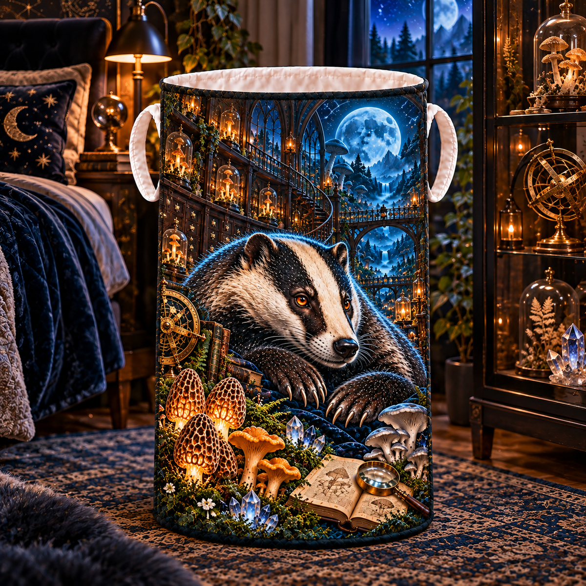Starlit Badger Observatory Laundry Hamper with printed optical 3D artwork in its use setting