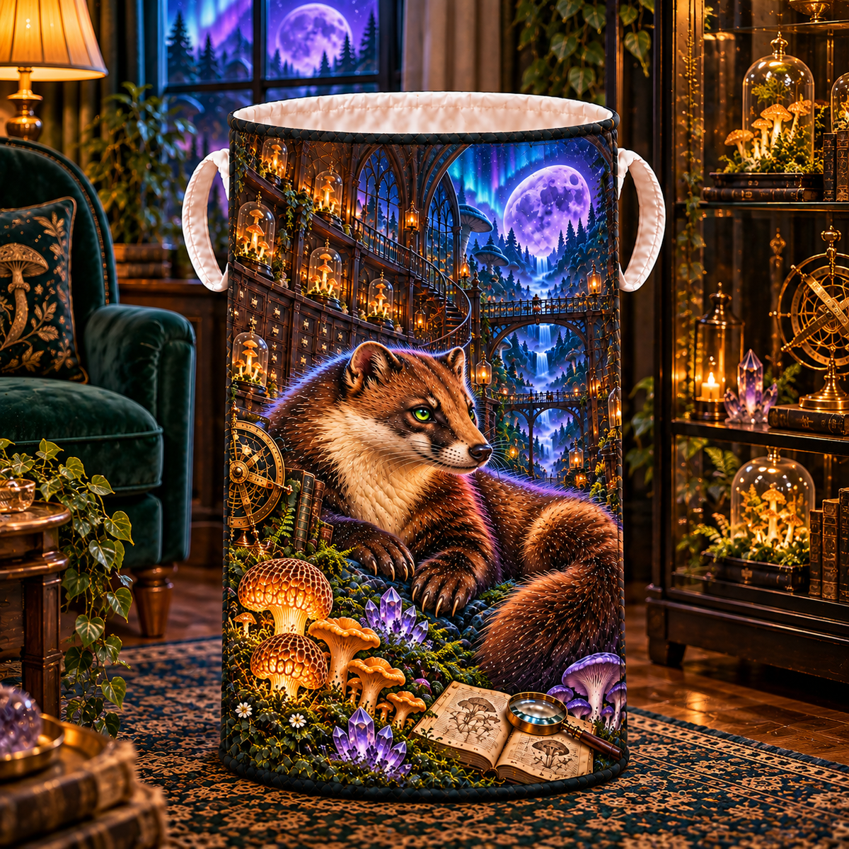 Aurora Marten Atrium Laundry Hamper with printed optical 3D artwork in its use setting
