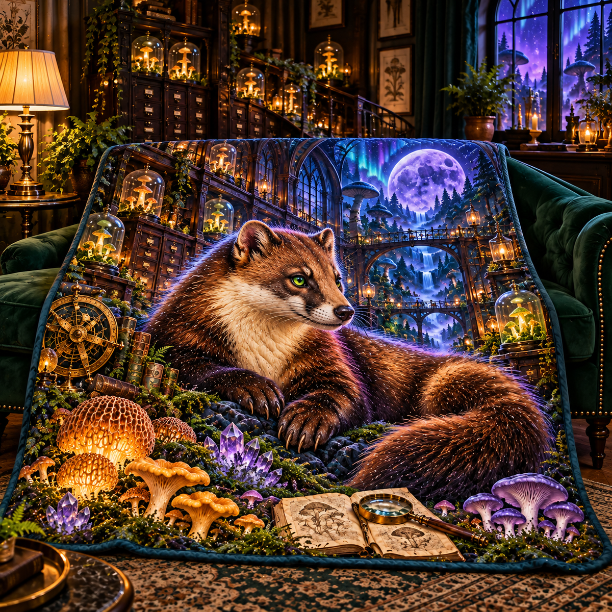 Aurora Marten Atrium Quilt Blanket with printed optical 3D artwork in its use setting