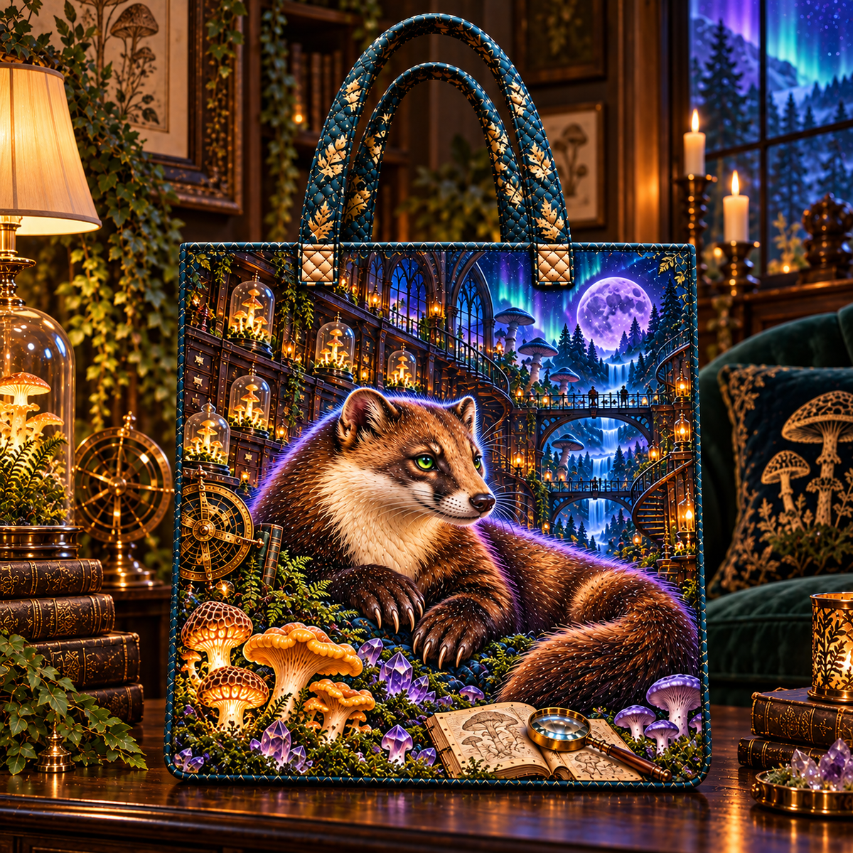 Aurora Marten Atrium Quilted Tote Bag with printed optical 3D artwork in its use setting