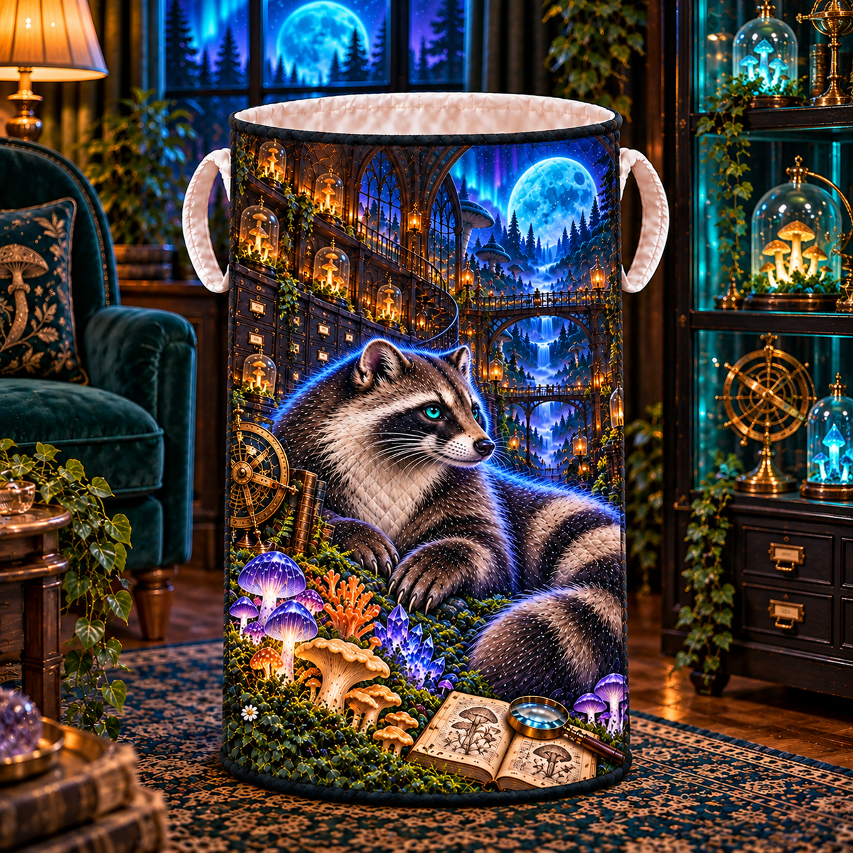 Nocturne Raccoon Archive Laundry Hamper with printed optical 3D artwork in its use setting
