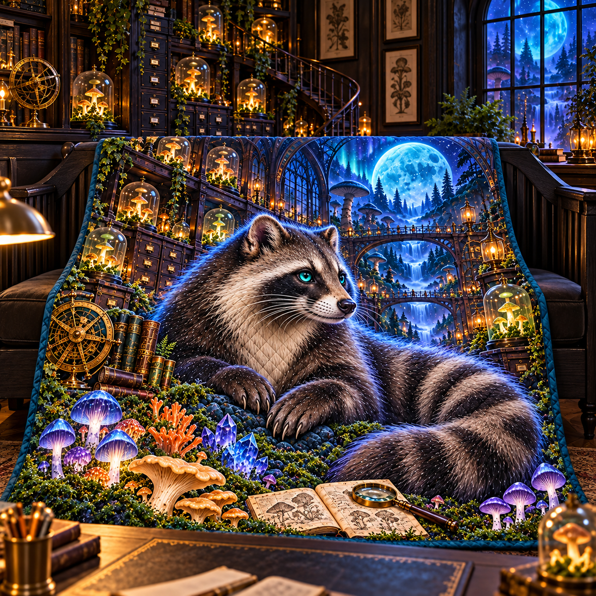 Nocturne Raccoon Archive Quilt Blanket with printed optical 3D artwork in its use setting