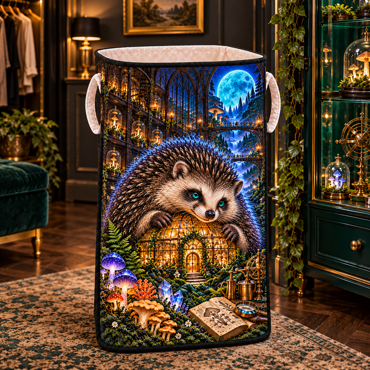 Moonroot Hedgehog Hearth Laundry Hamper with printed optical 3D artwork in its use setting