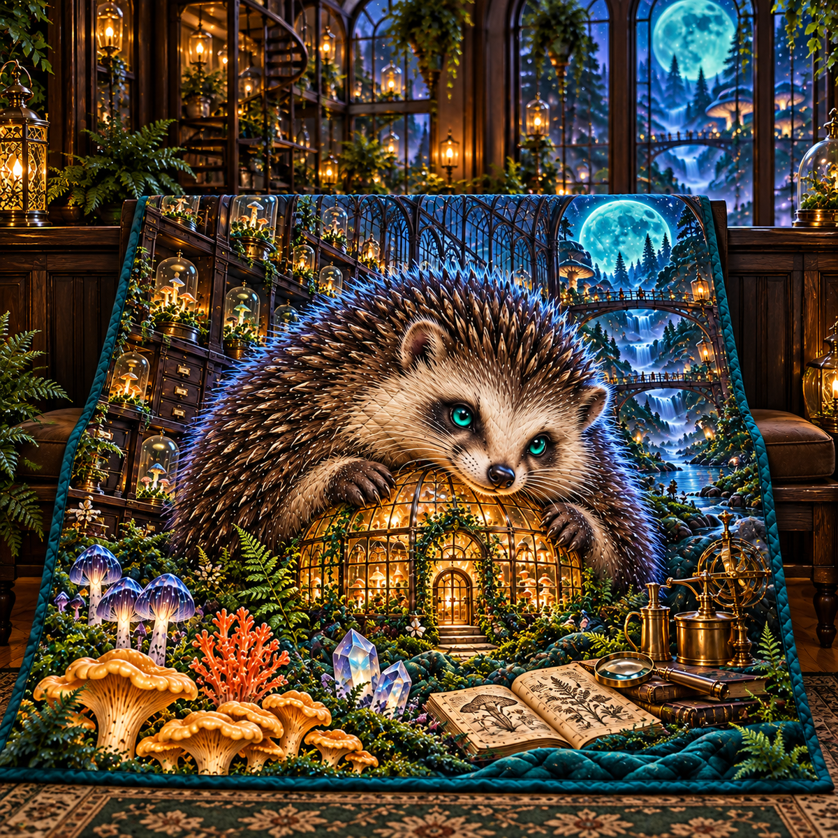 Moonroot Hedgehog Hearth Quilt Blanket with printed optical 3D artwork in its use setting
