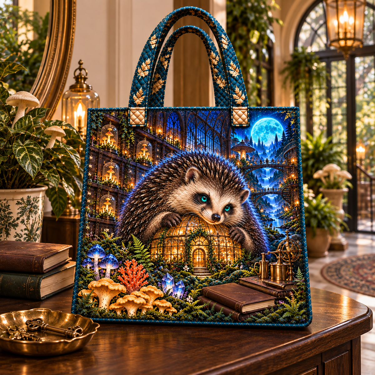 Moonroot Hedgehog Hearth Quilted Tote Bag with printed optical 3D artwork in its use setting