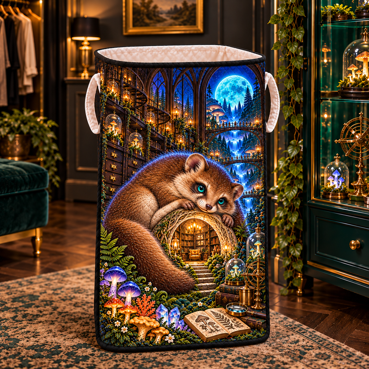 Moonwhisper Dormouse Nook Laundry Hamper with printed optical 3D artwork in its use setting