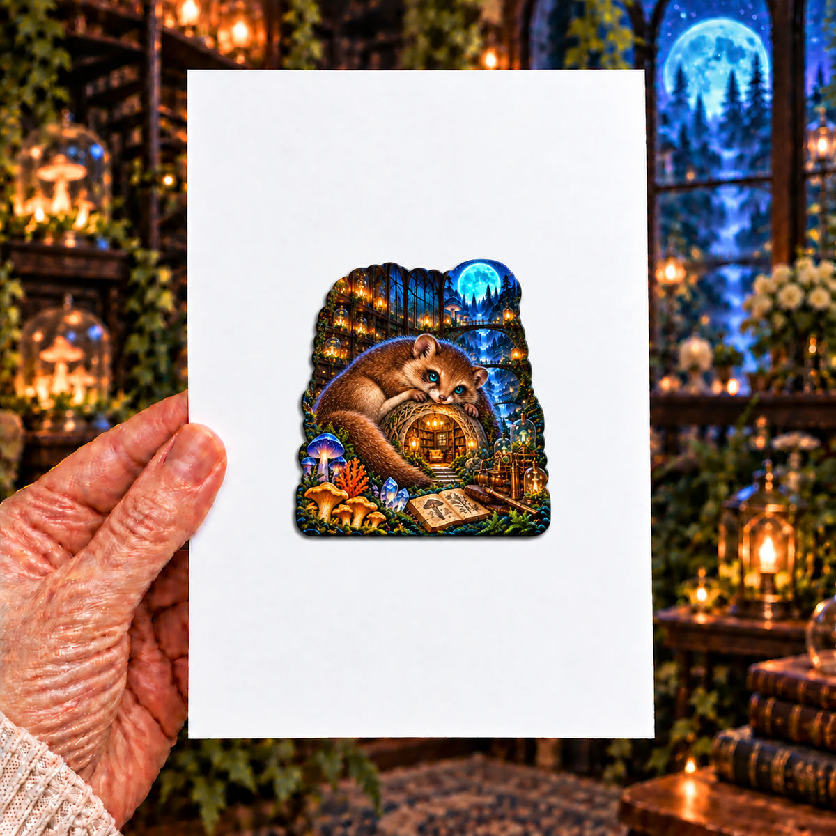 Moonwhisper Dormouse Nook Acrylic Refrigerator Magnet with printed optical 3D artwork in its use setting