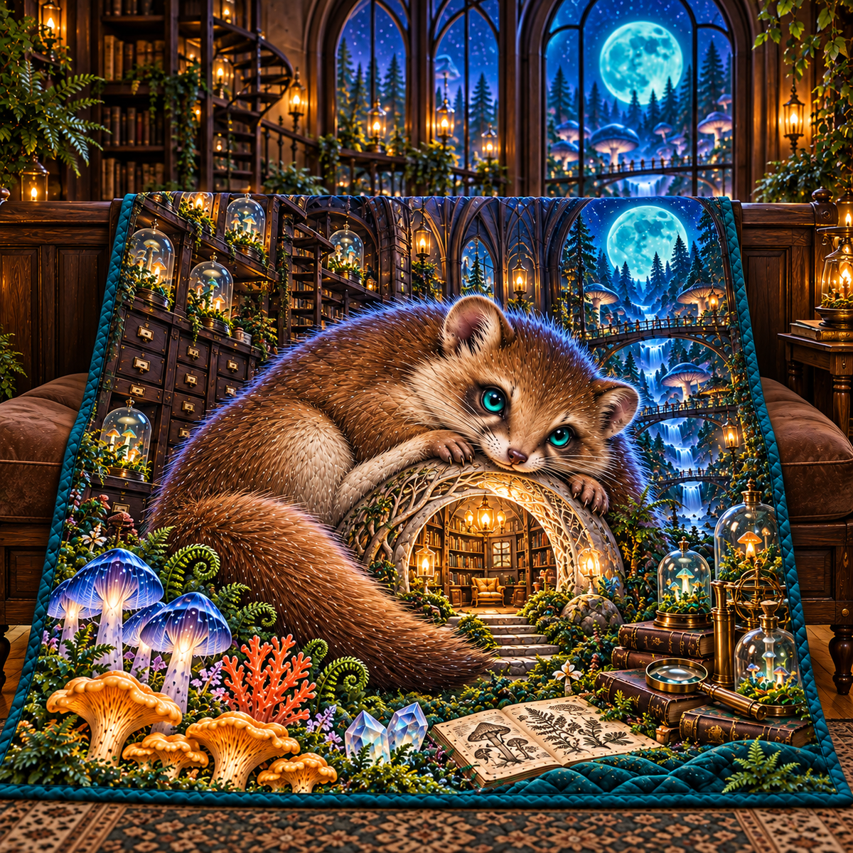 Moonwhisper Dormouse Nook Quilt Blanket with printed optical 3D artwork in its use setting