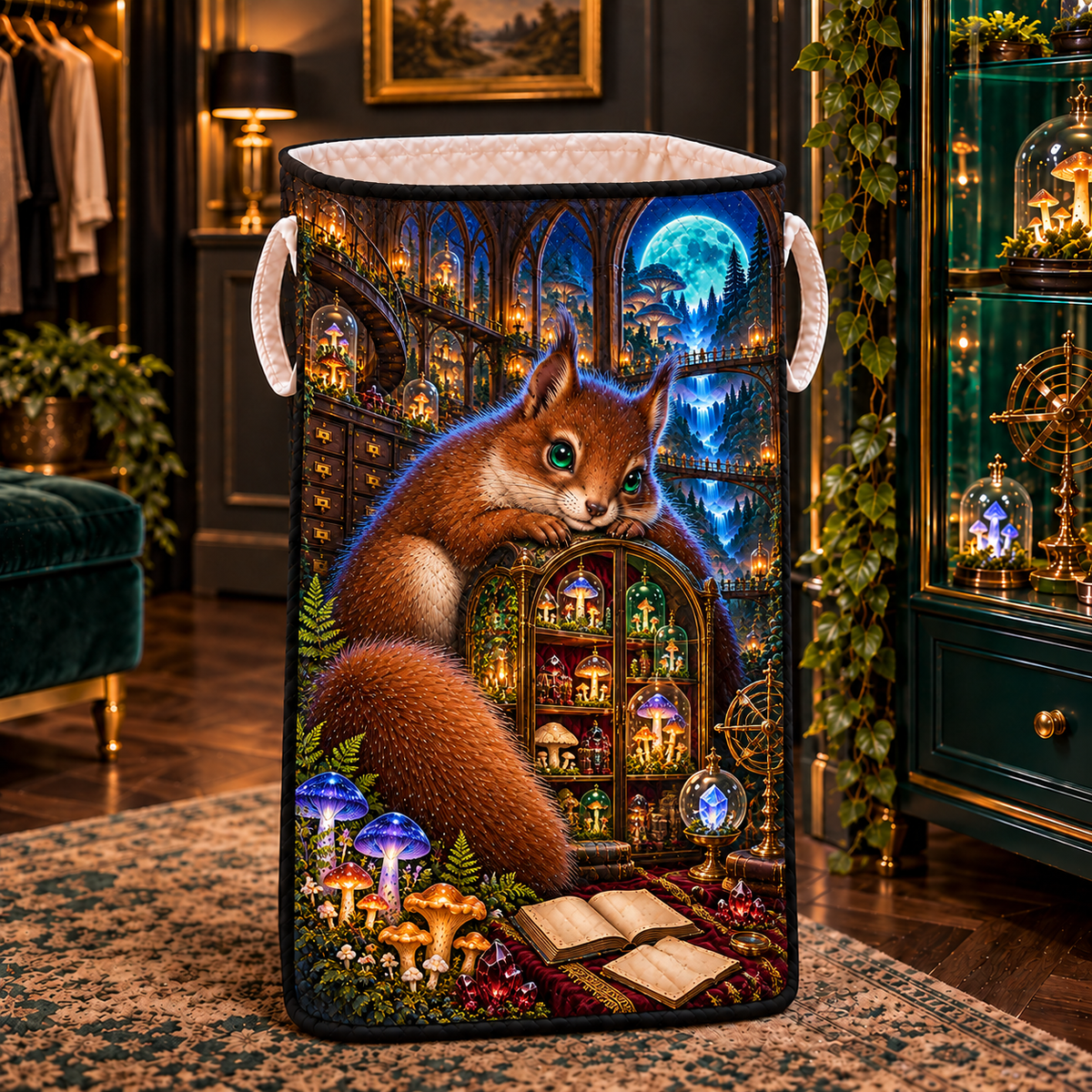 Jubilee Squirrel Cabinet Laundry Hamper with printed optical 3D artwork in its use setting