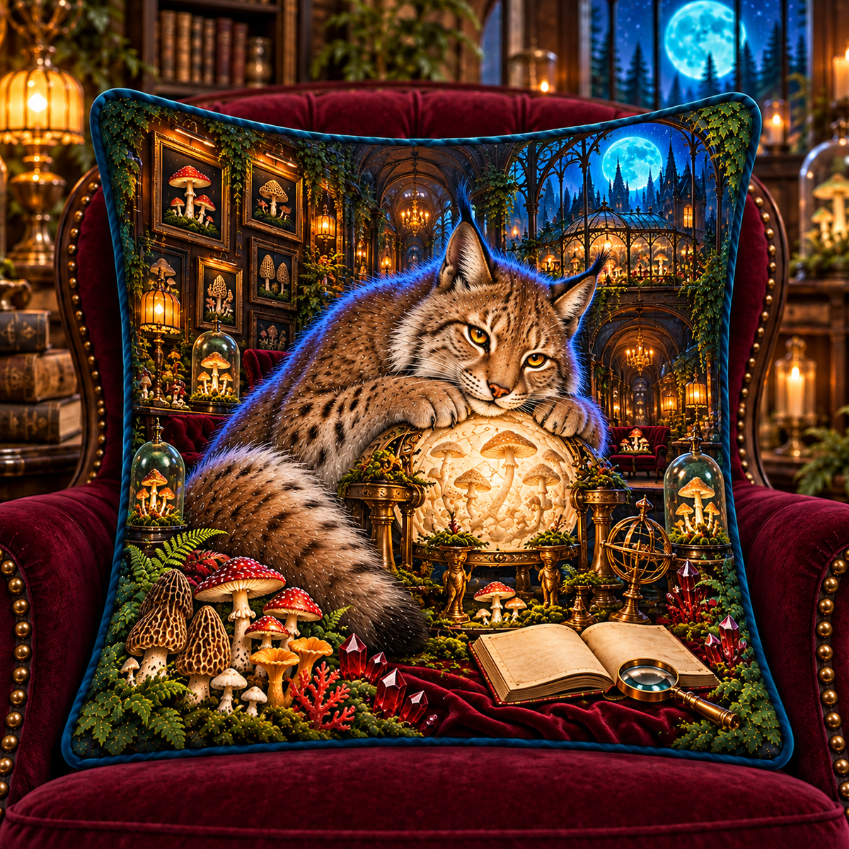 Mycelium Lynx Salon Quilted Cushion Cover with printed optical 3D artwork in its use setting