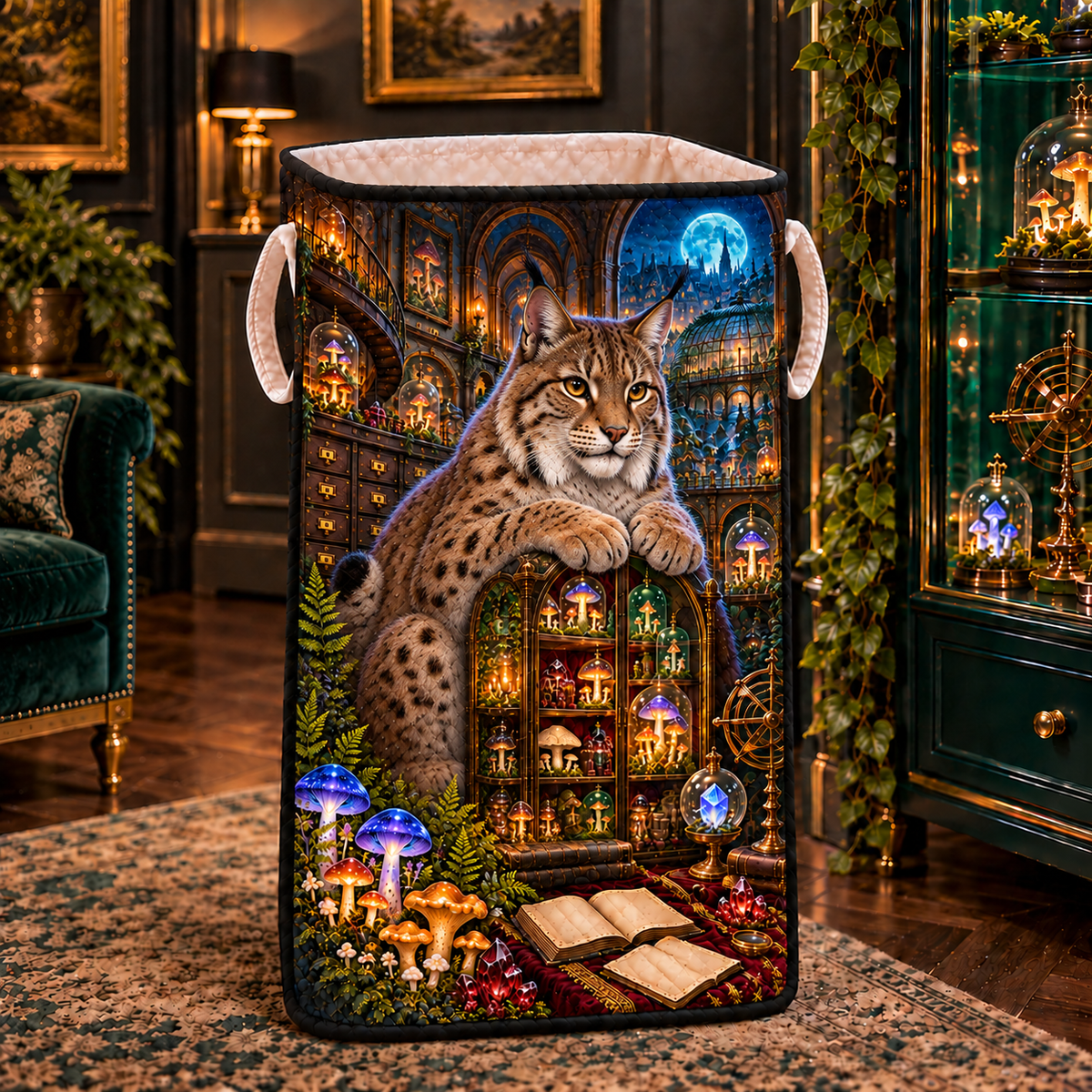 Mycelium Lynx Salon Laundry Hamper with printed optical 3D artwork in its use setting