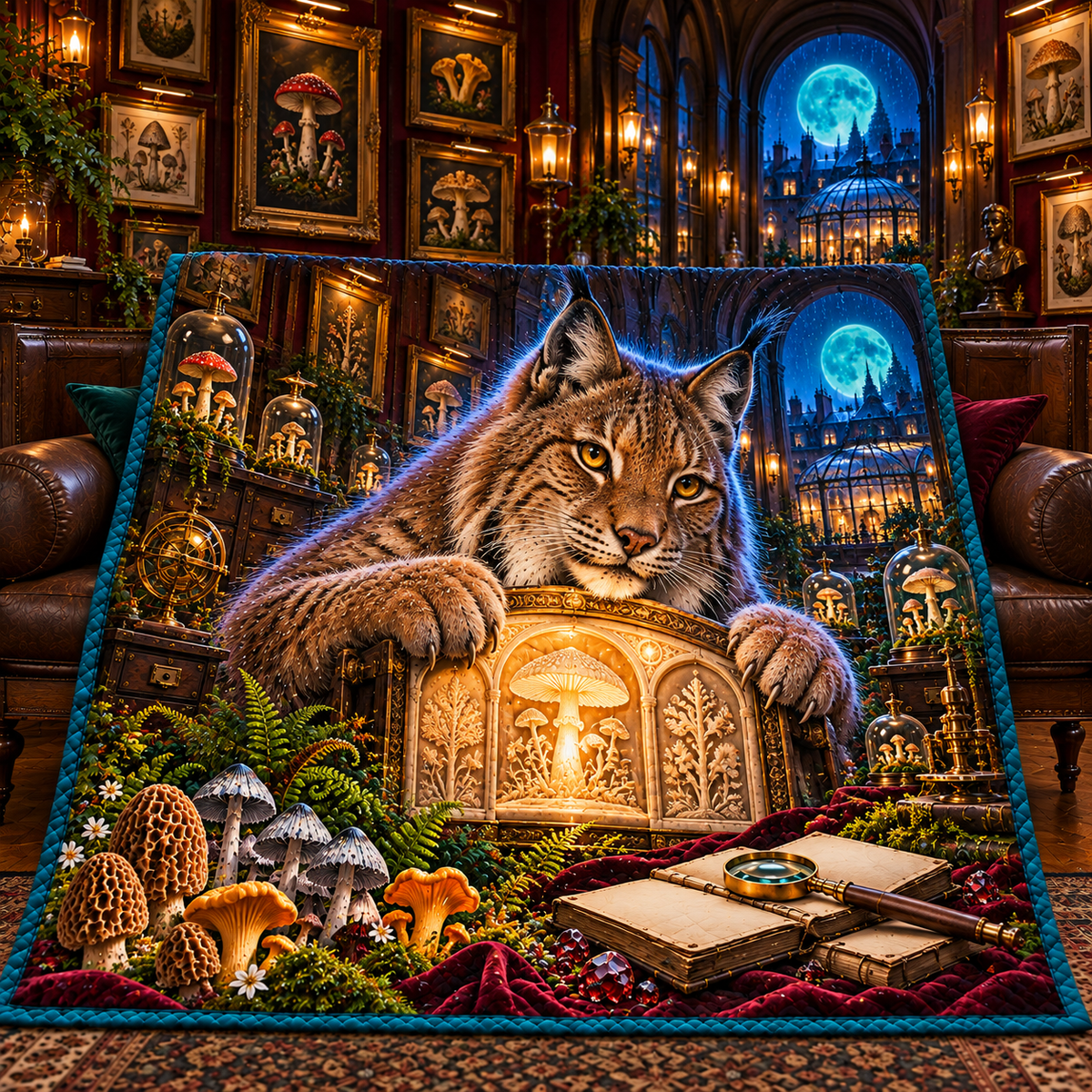 Mycelium Lynx Salon Quilt Blanket with printed optical 3D artwork in its use setting