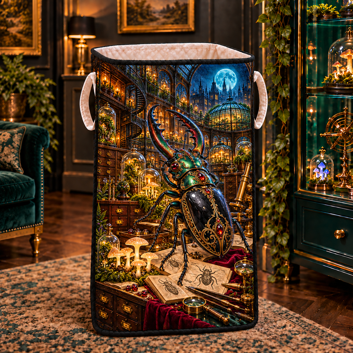 Verdigris Beetle Atelier Laundry Hamper with printed optical 3D artwork in its use setting