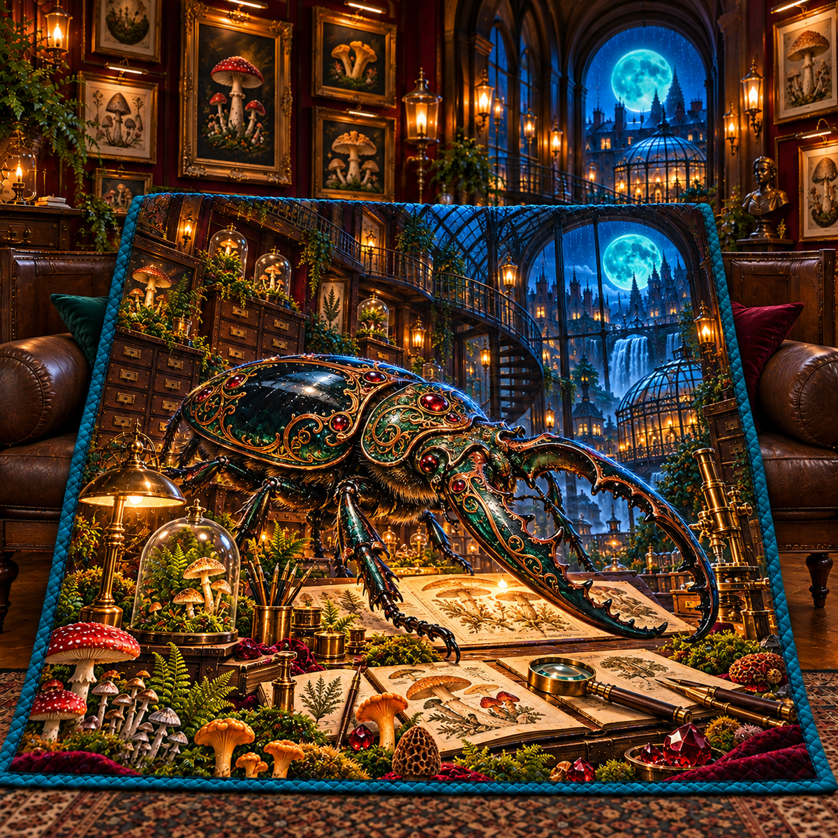 Verdigris Beetle Atelier Quilt Blanket with printed optical 3D artwork in its use setting