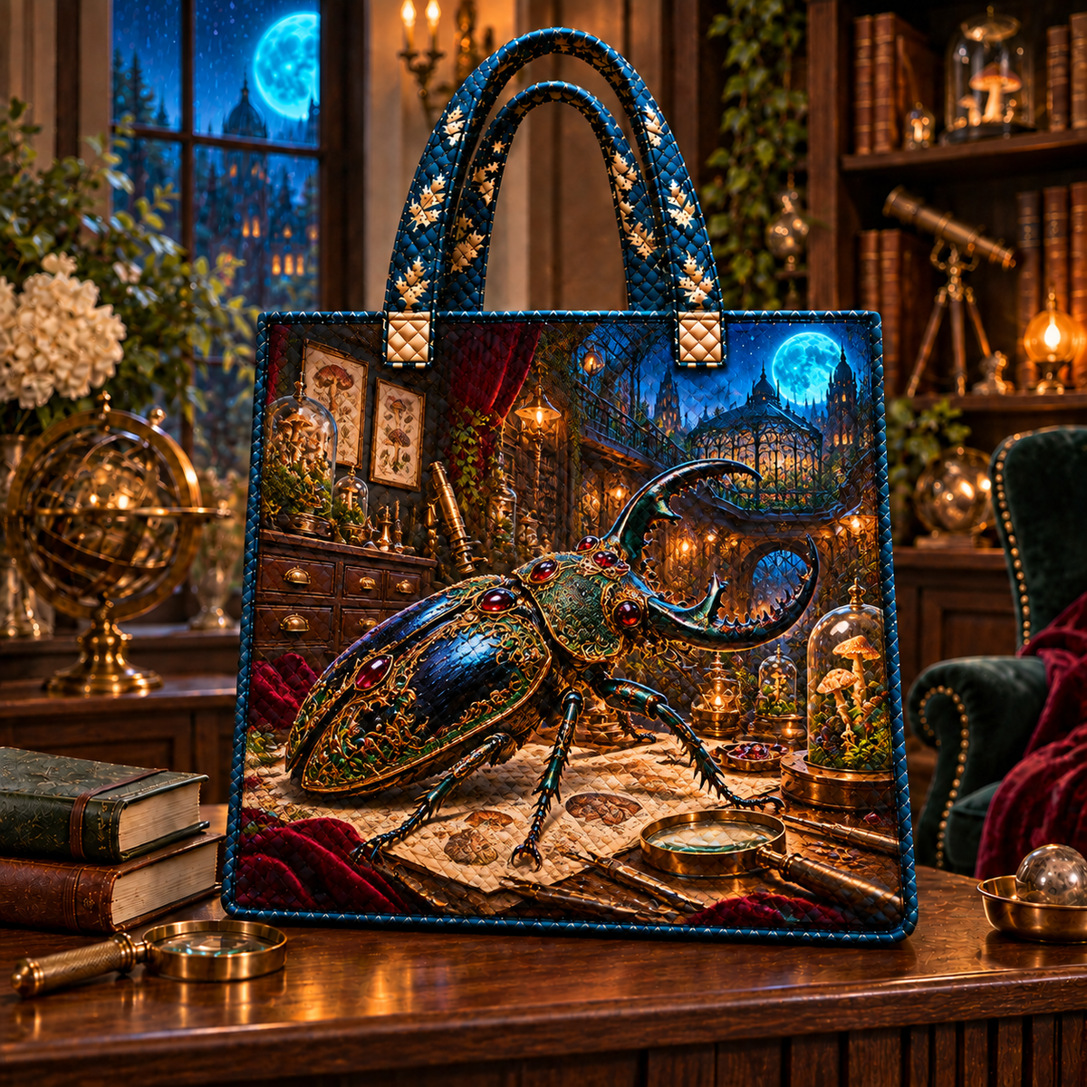Verdigris Beetle Atelier Quilted Tote Bag with printed optical 3D artwork in its use setting