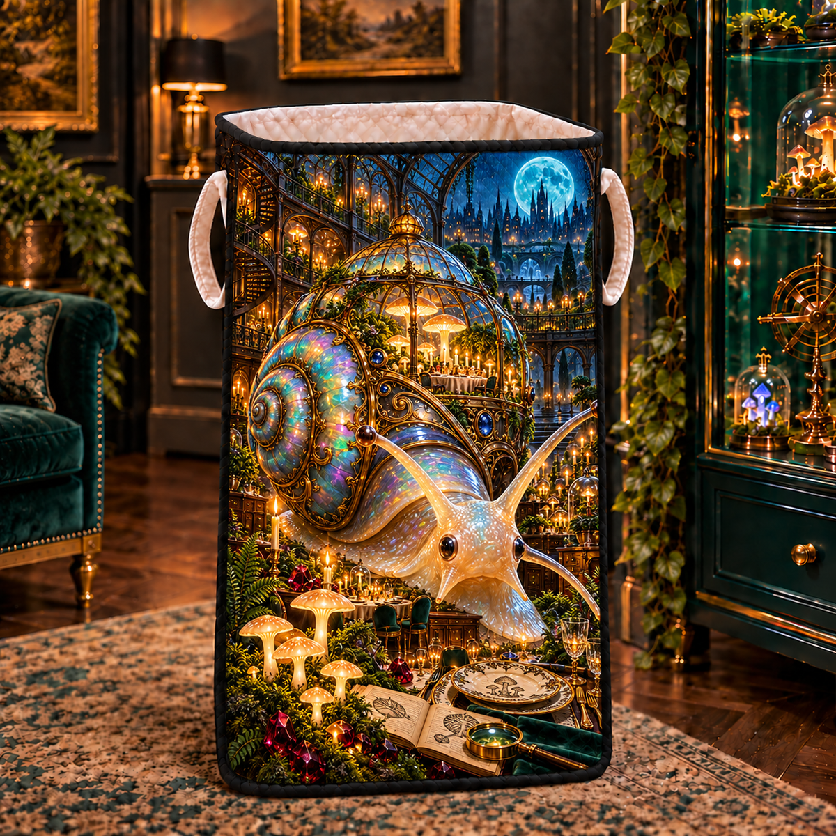 Opaline Snail Supper Laundry Hamper with printed optical 3D artwork in its use setting