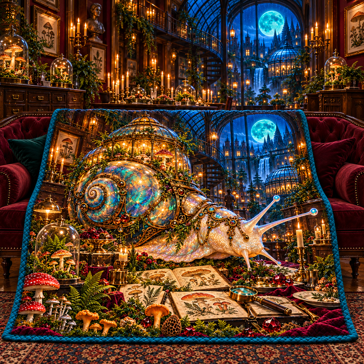 Opaline Snail Supper Quilt Blanket with printed optical 3D artwork in its use setting