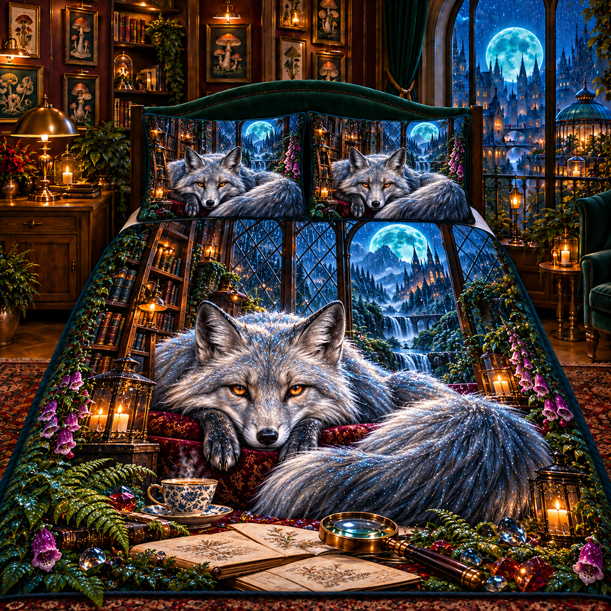 Rainveil Fox Library Quilted Bedding Set with printed optical 3D artwork in its use setting