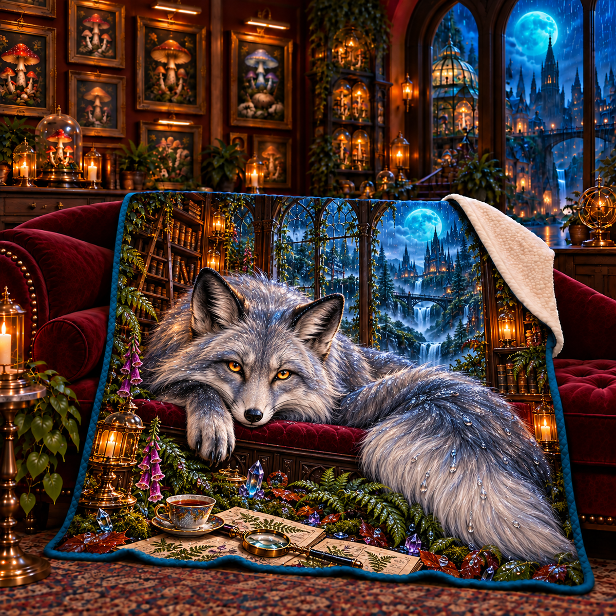 Rainveil Fox Library Sherpa & Fleece Blanket with printed optical 3D artwork in its use setting