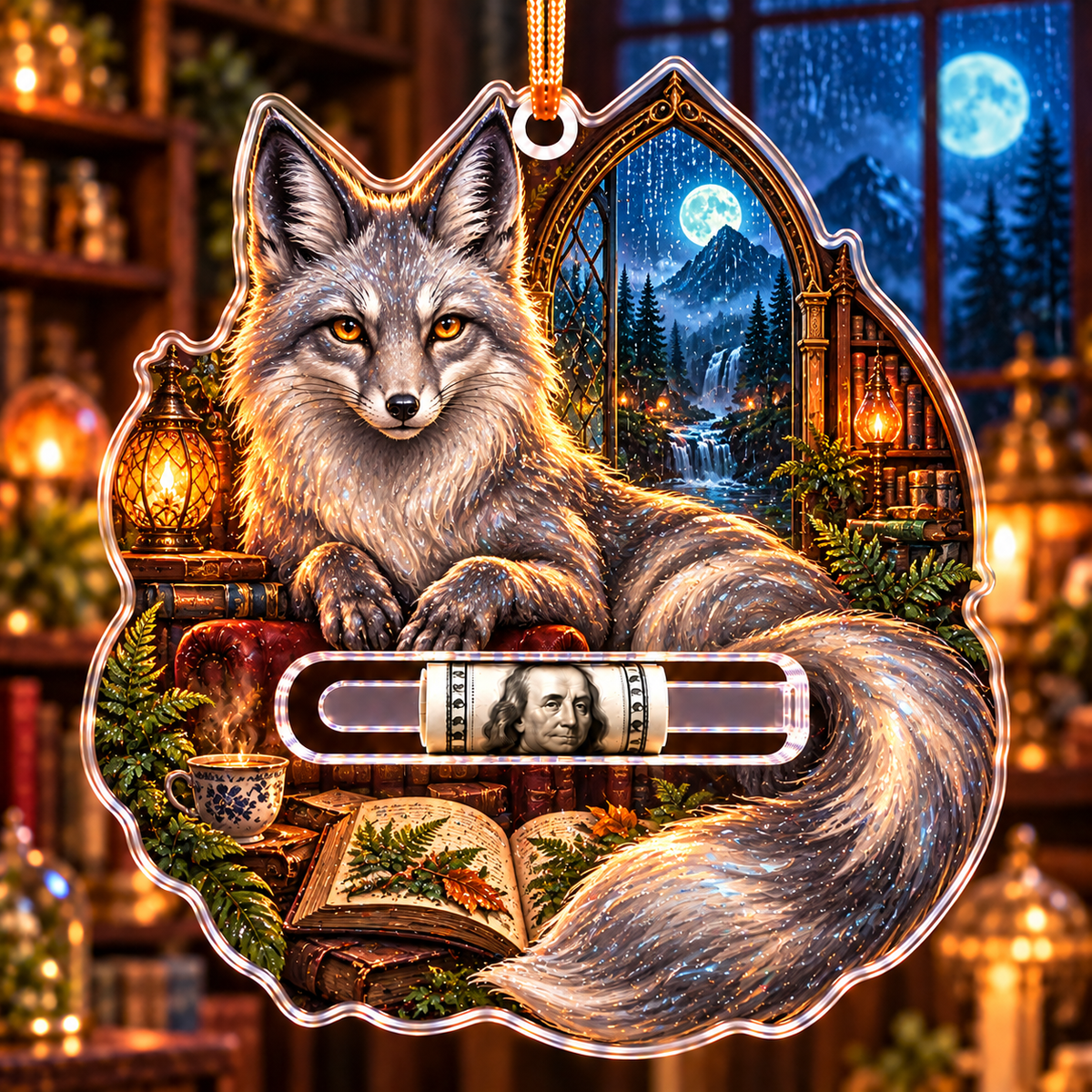 Rainveil Fox Library Acrylic Cash Holder Ornament with printed optical 3D artwork in its use setting