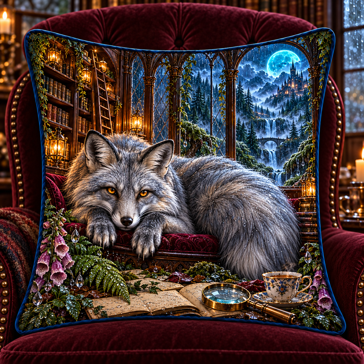 Rainveil Fox Library Quilted Cushion Cover with printed optical 3D artwork in its use setting
