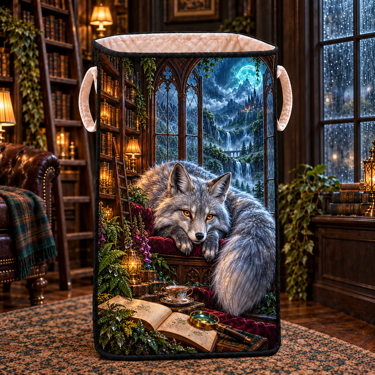 Rainveil Fox Library Laundry Hamper with printed optical 3D artwork in its use setting