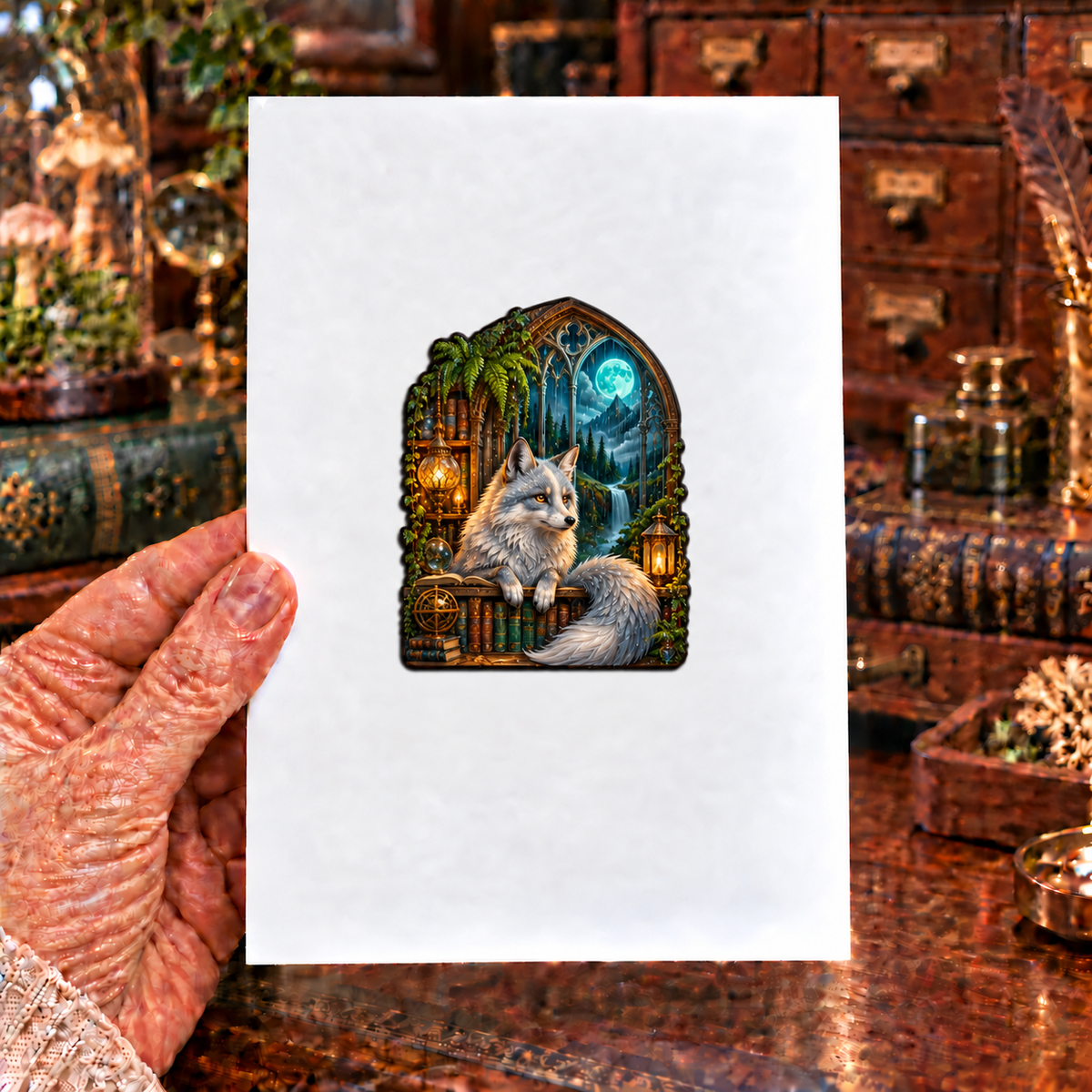Rainveil Fox Library Acrylic Refrigerator Magnet with printed optical 3D artwork in its use setting